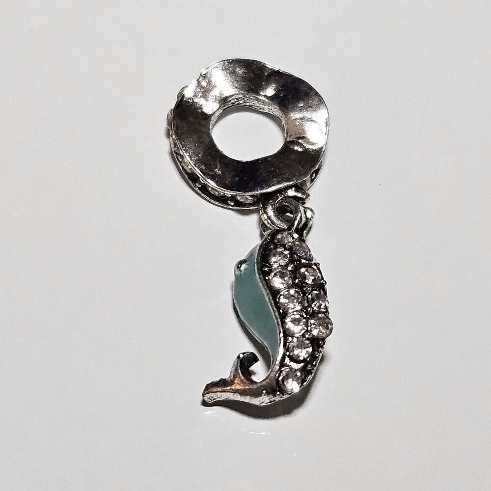 European Slide Charm Silver Tone Blue Enamel Whale Clear Rhinestones